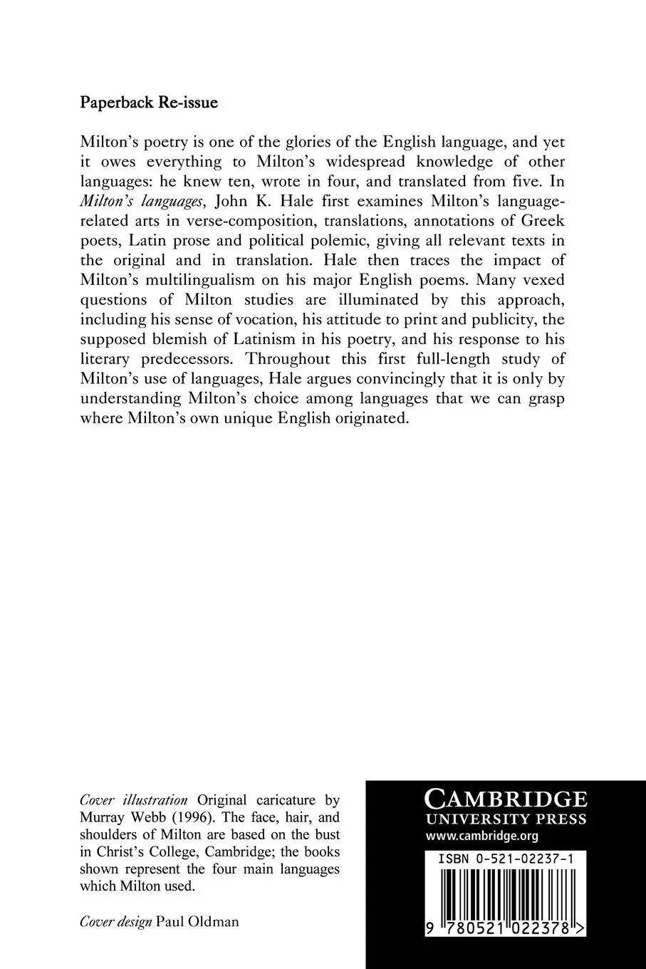 Rückseite: 9780521022378 | Milton's Languages | The Impact of Multilingualism on Style | Hale