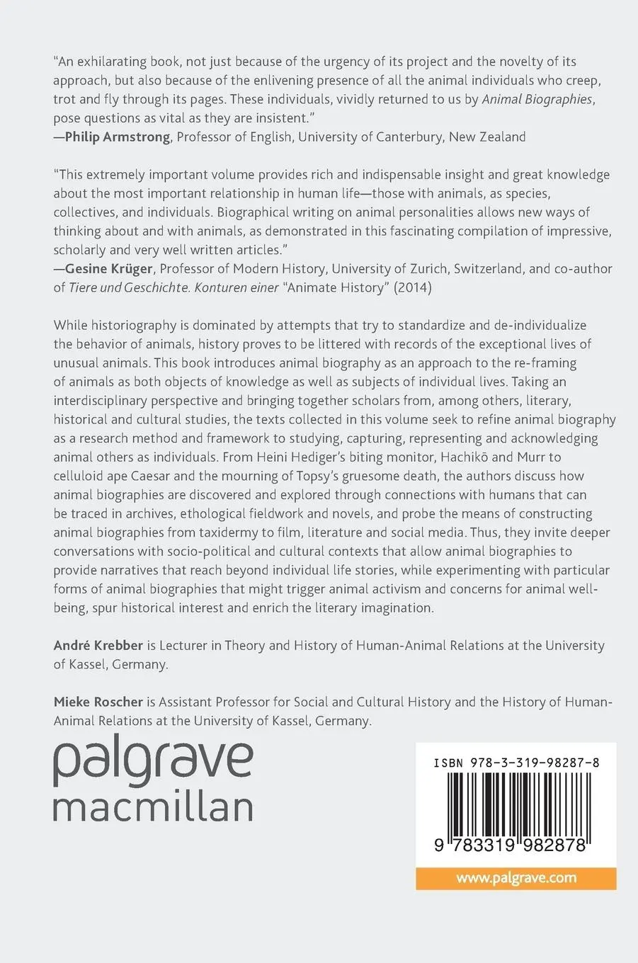 Rückseite: 9783319982878 | Animal Biography | Re-framing Animal Lives | Mieke Roscher (u. a.)