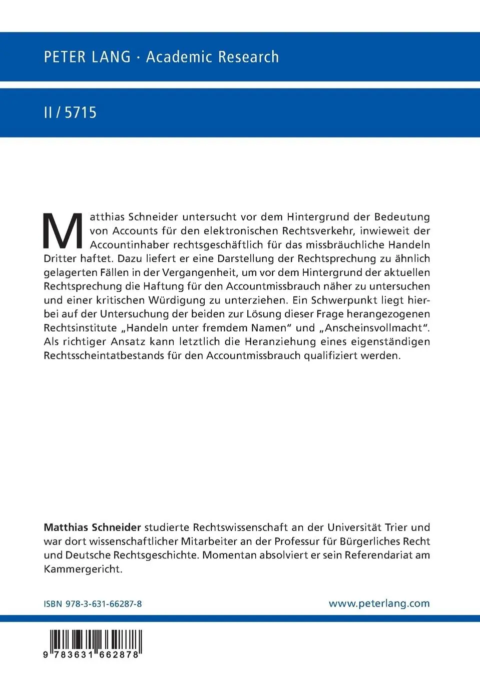 Rückseite: 9783631662878 | Die rechtsgeschäftliche Haftung für den Accountmissbrauch im Internet