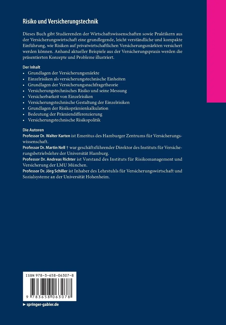 Rückseite: 9783658063078 | Risiko und Versicherungstechnik | Eine ökonomische Einführung | Buch