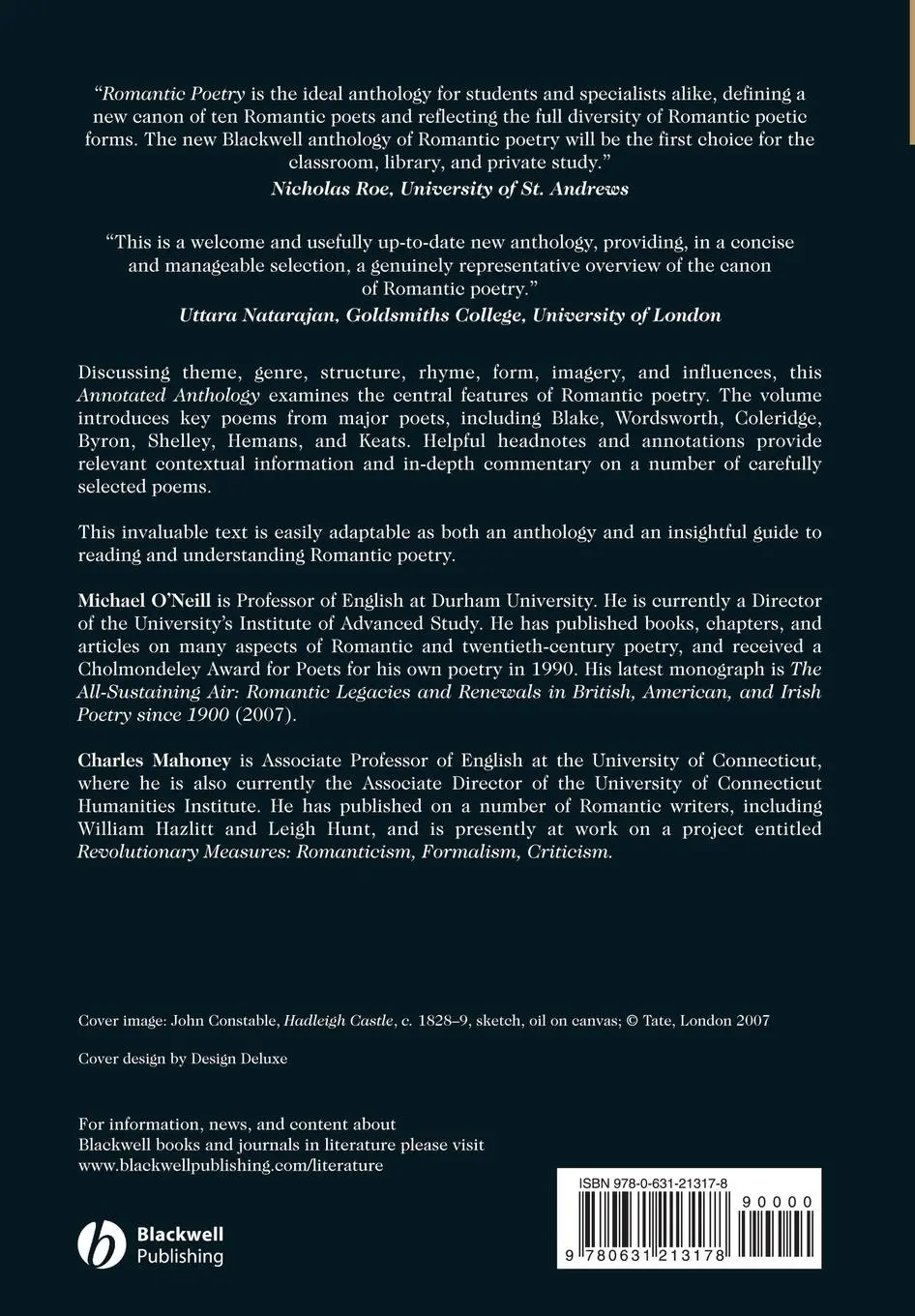 Rückseite: 9780631213178 | Romantic Poetry | An Annotated Anthology | Michael O'Neill (u. a.)