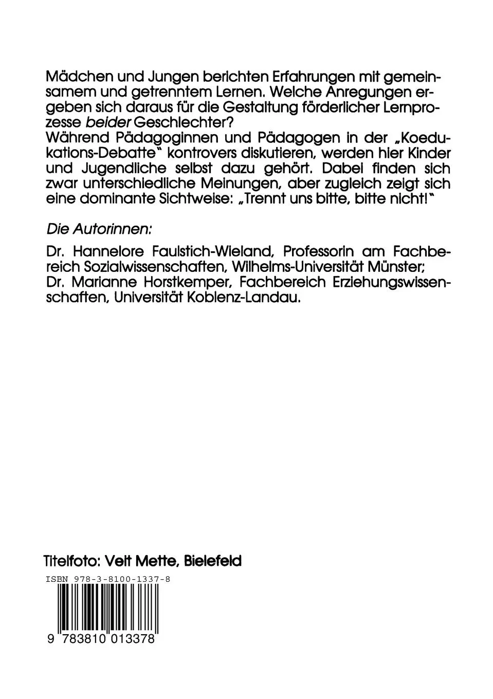 Rückseite: 9783810013378 | "Trennt uns bitte, bitte nicht!" | Marianne Horstkemper (u. a.) | Buch