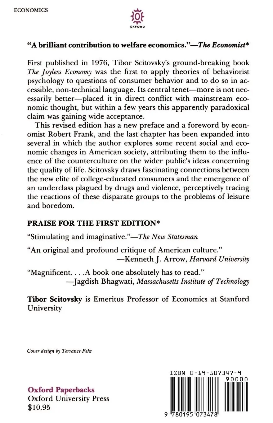 Rückseite: 9780195073478 | The Joyless Economy | The Psychology of Human Satisfaction | Scitovsky