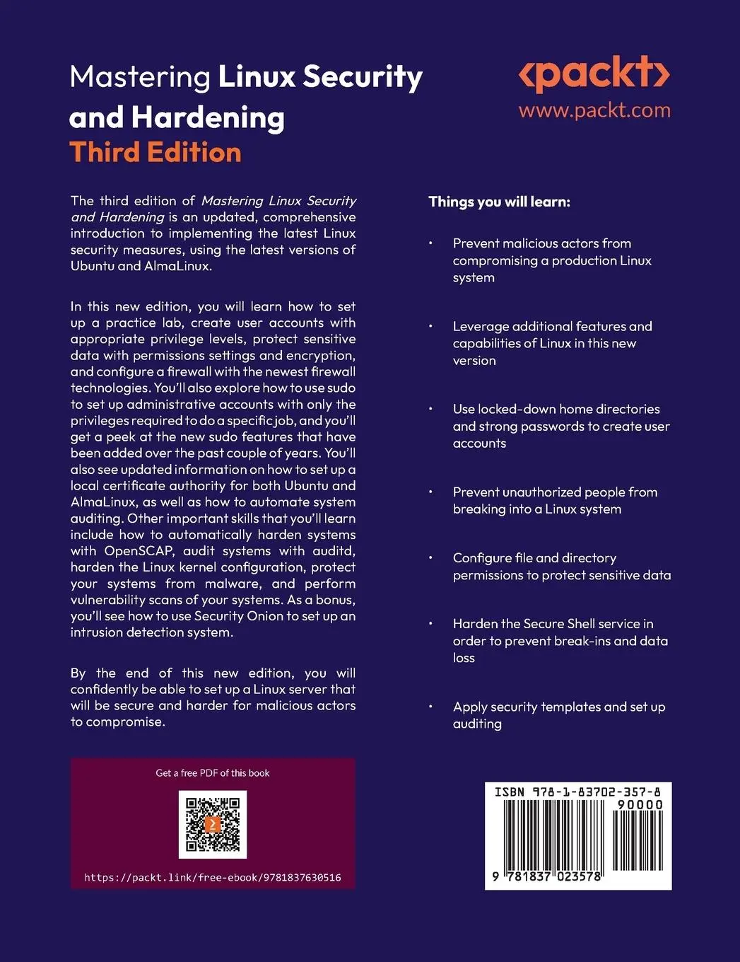 Rückseite: 9781837023578 | Mastering Linux Security and Hardening - Third Edition | Tevault Rückseite: 9781837023578 | Mastering Linux Security and Hardening - Third Edition | Tevault