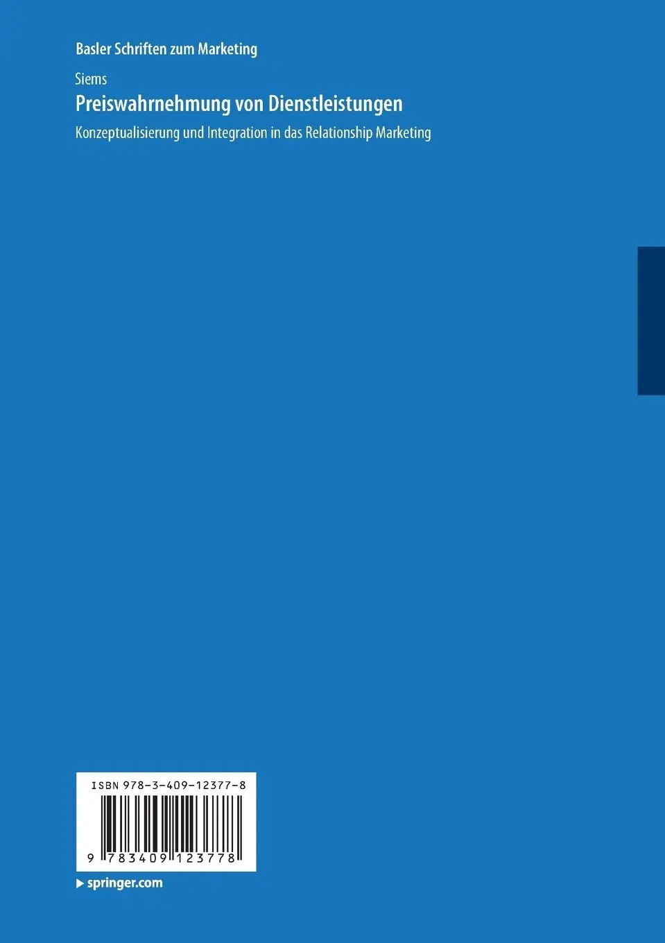 Rückseite: 9783409123778 | Preiswahrnehmung von Dienstleistungen | Florian Siems | Taschenbuch