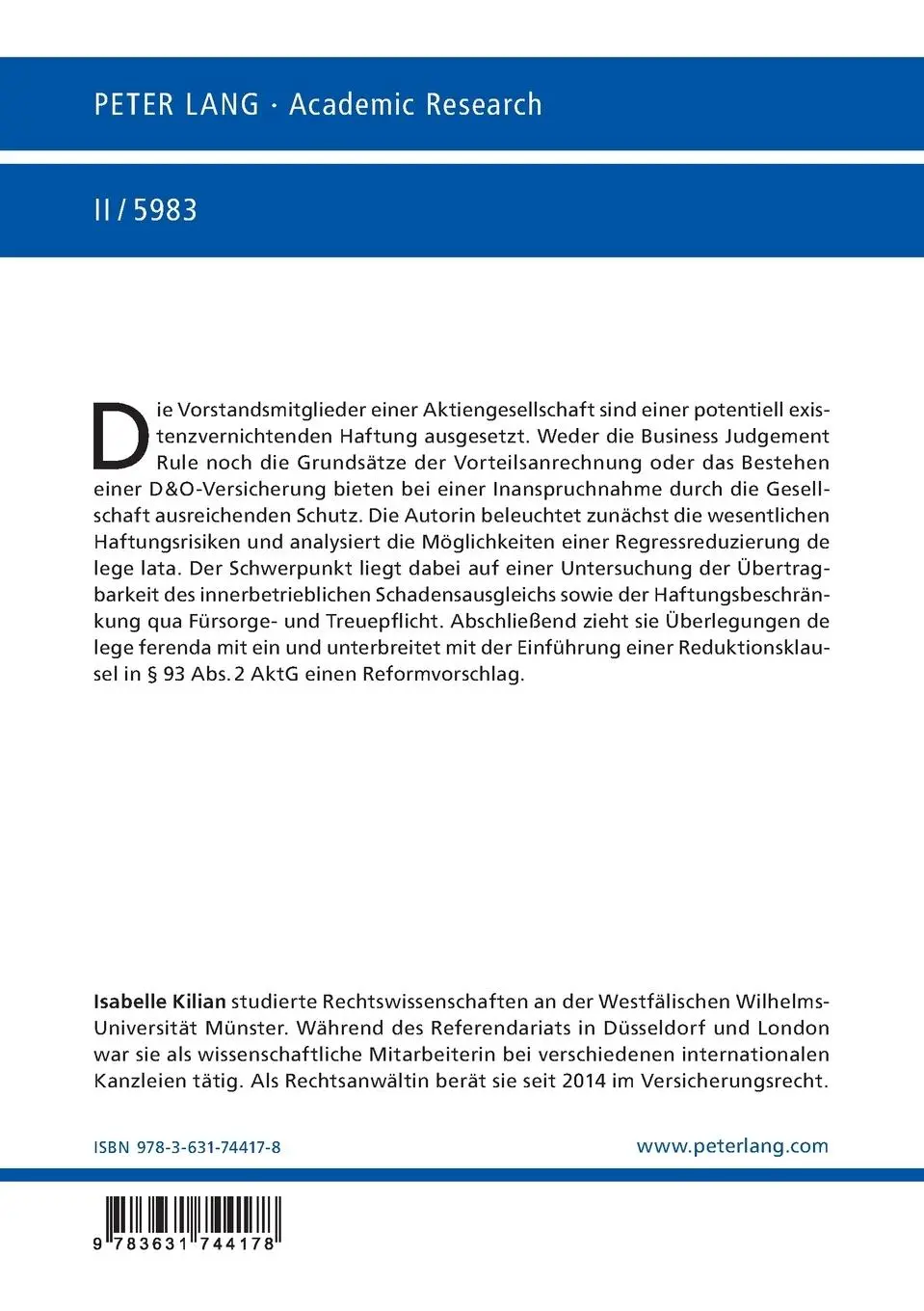 Rückseite: 9783631744178 | Reform der existenzvernichtenden Vorstandshaftung | Isabelle Kilian