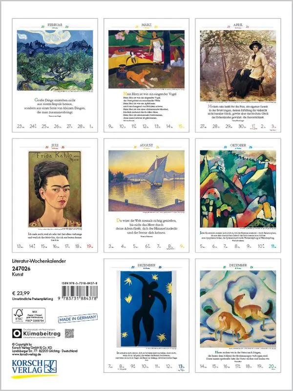 Bild: 9783731884378 | Literaturkalender Kunst 2026 | Verlag Korsch | Kalender | 54 S. | 2026