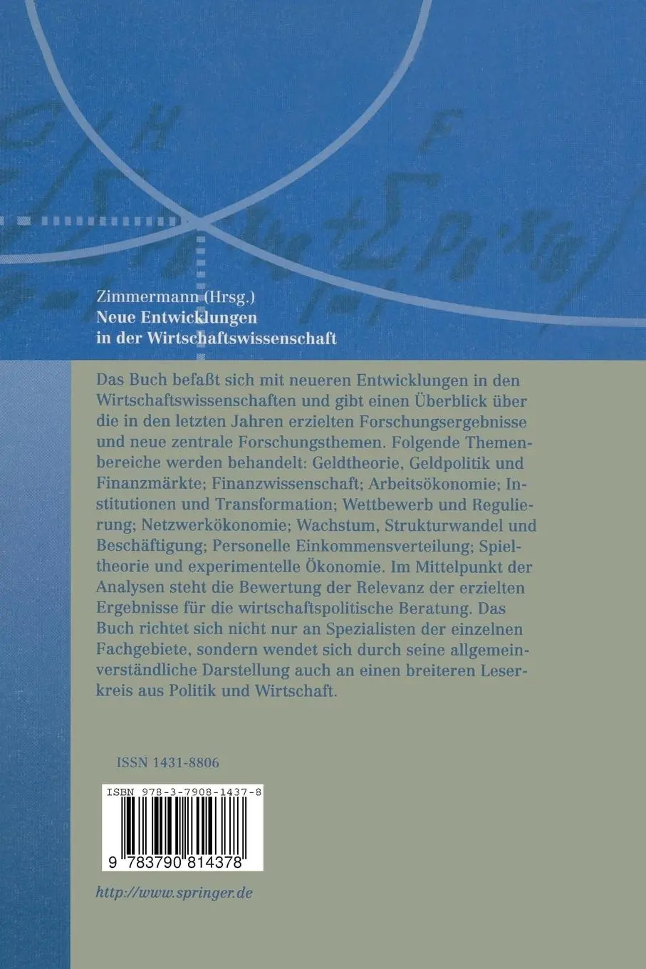 Rückseite: 9783790814378 | Neue Entwicklungen in der Wirtschaftswissenschaft | Zimmermann | Buch