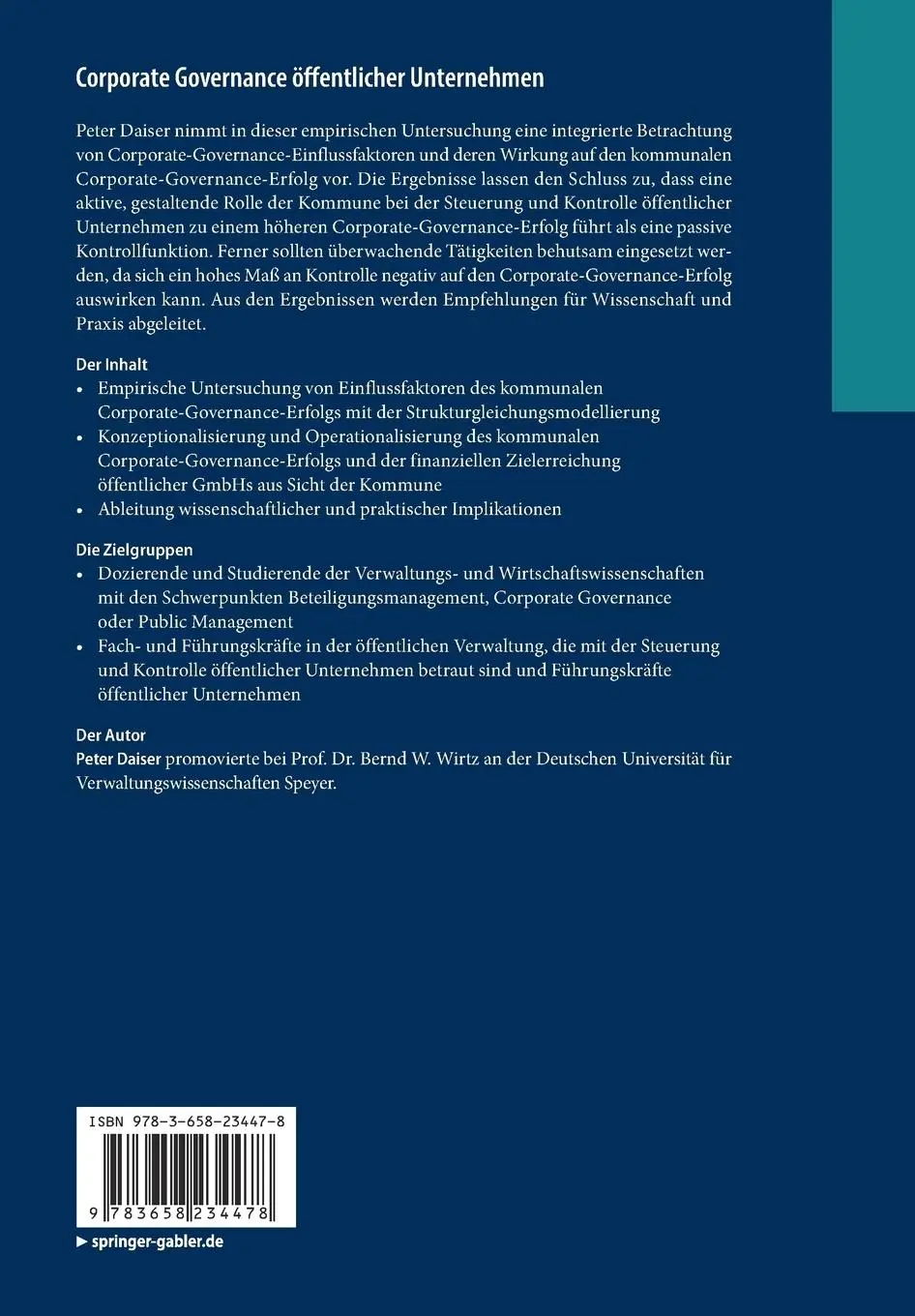 Rückseite: 9783658234478 | Corporate Governance öffentlicher Unternehmen | Peter Daiser | Buch