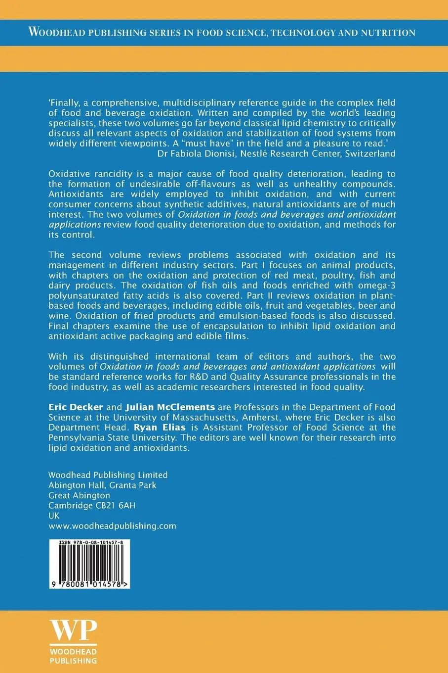Rückseite: 9780081014578 | Oxidation in Foods and Beverages and Antioxidant Applications | Buch