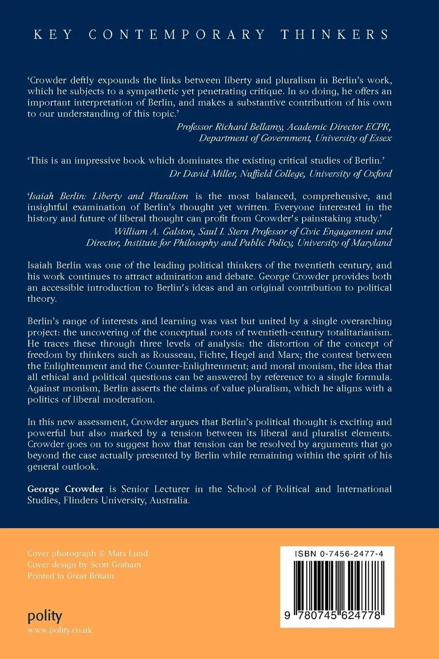 Rückseite: 9780745624778 | Isaiah Berlin | Liberty and Pluralism | George Crowder | Taschenbuch