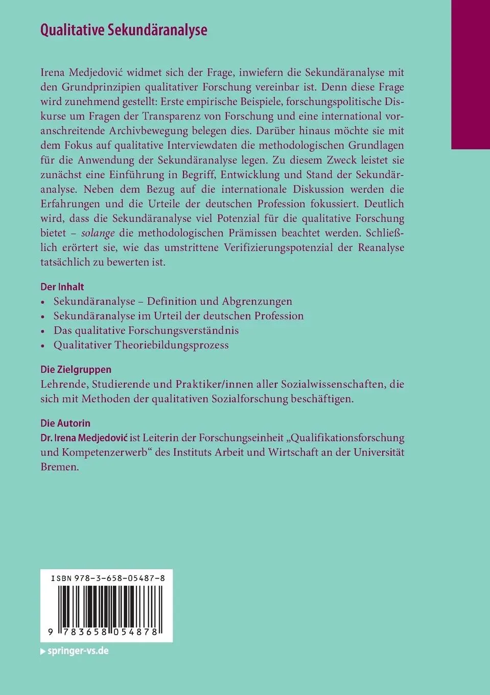 Rückseite: 9783658054878 | Qualitative Sekundäranalyse | Irena Medjedovi¿ | Taschenbuch | xiii