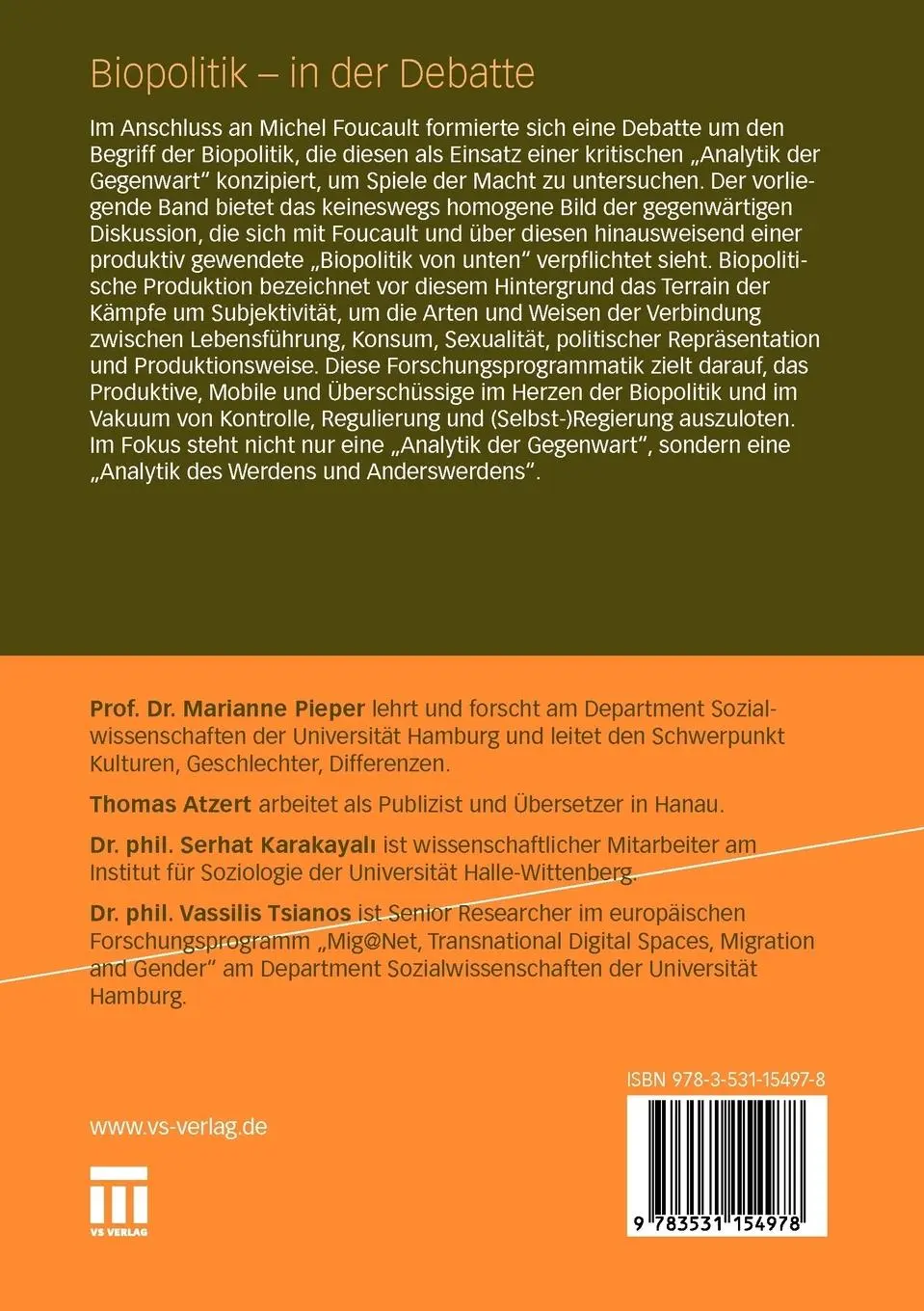 Rückseite: 9783531154978 | Biopolitik - in der Debatte | Marianne Pieper (u. a.) | Taschenbuch