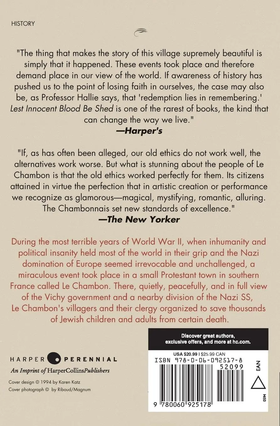 Rückseite: 9780060925178 | Lest Innocent Blood Be Shed | Philip P. Hallie | Taschenbuch | 1994