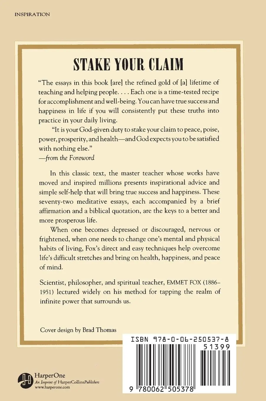 Rückseite: 9780062505378 | Stake Your Claim | Exploring the Gold Mine Within | Emmet Fox | Buch