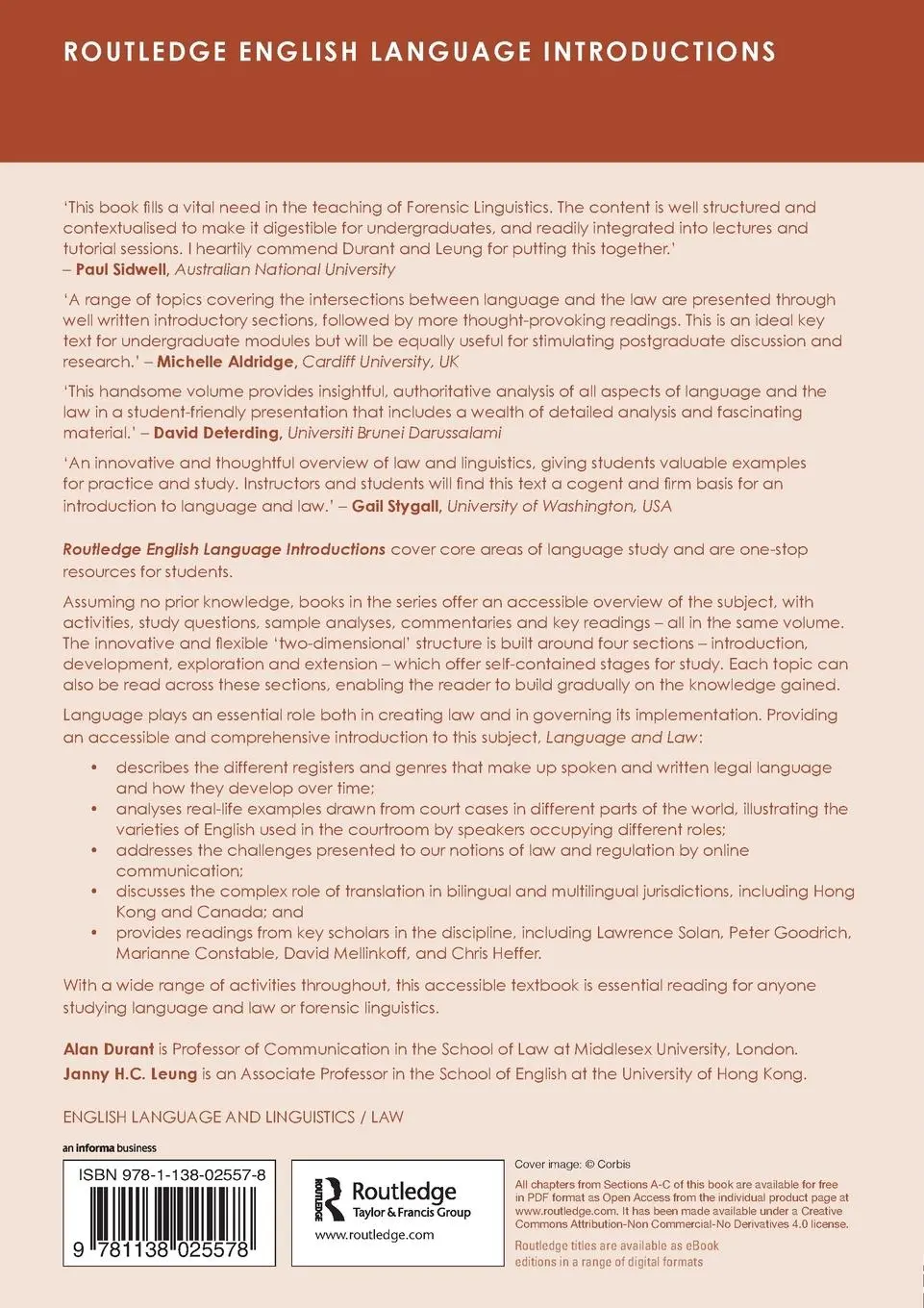 Rückseite: 9781138025578 | Language and Law | A resource book for students | Alan Durant (u. a.)