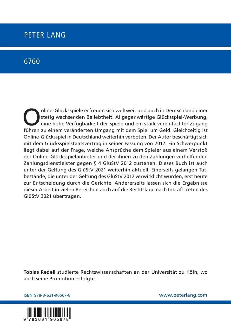 Rückseite: 9783631905678 | Die (Un-) Zulässigkeit von Online-Glücksspiel in Deutschland und...