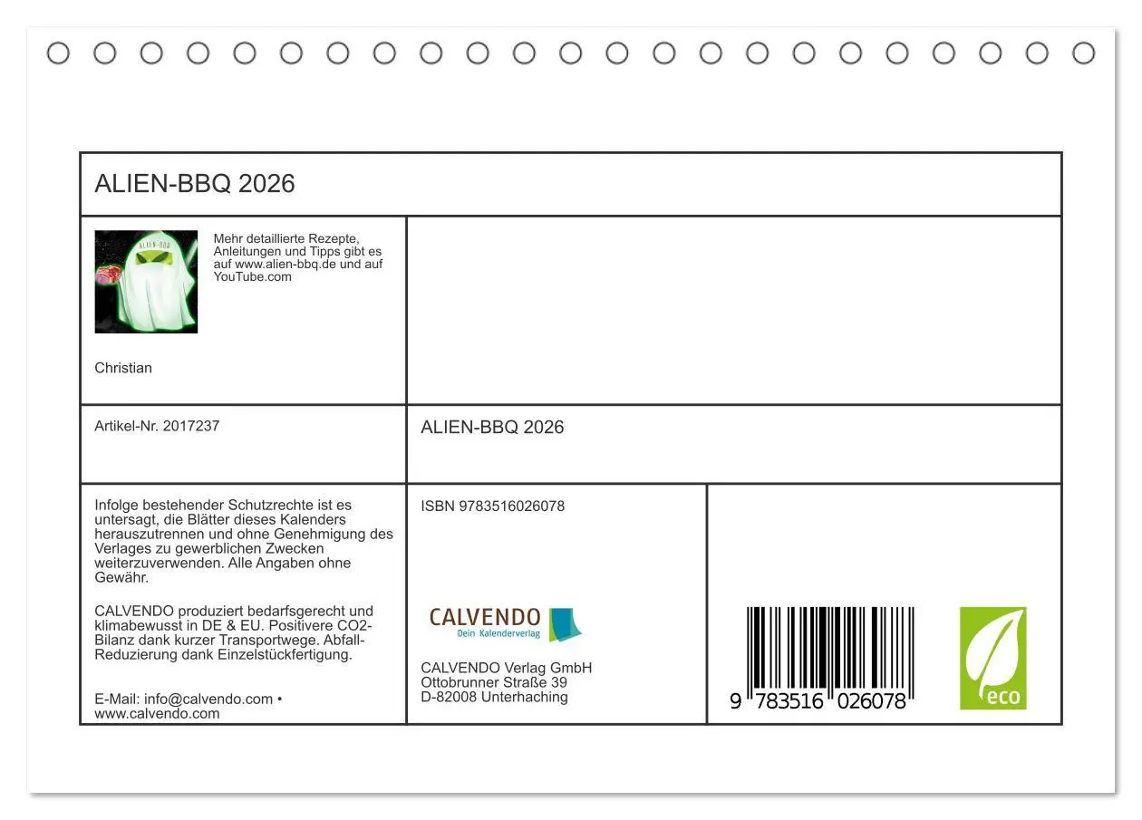 Bild: 9783516026078 | ALIEN-BBQ 2026 (Tischkalender 2026 DIN A5 quer), CALVENDO...