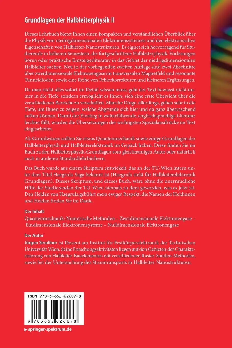 Rückseite: 9783662626078 | Grundlagen der Halbleiterphysik II | Jürgen Smoliner | Taschenbuch