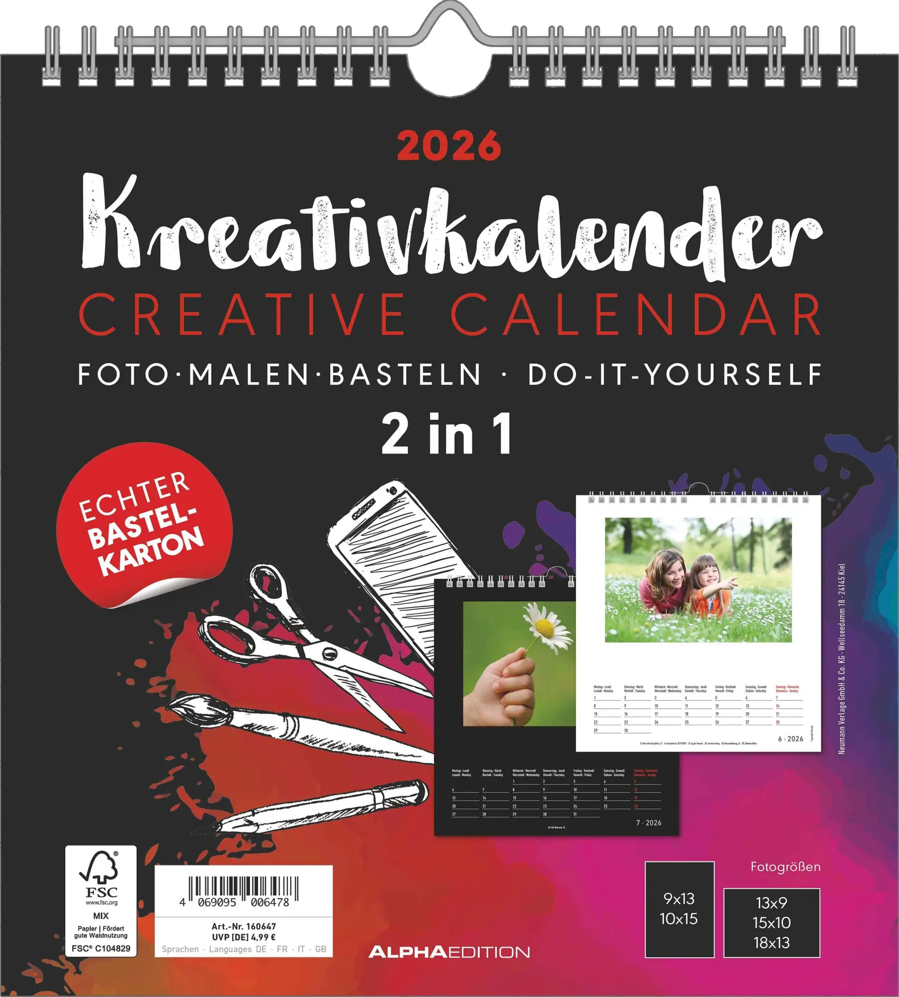 Cover: 4069095006478 | Kreativ-Kalender M - 2 in 1: schwarz und weiss 2026 - 21x22 cm -...