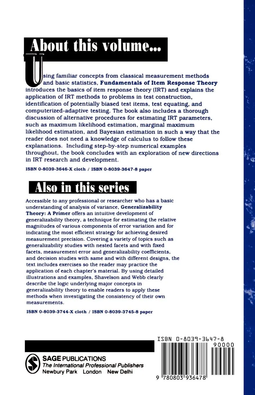 Rückseite: 9780803936478 | Fundamentals of Item Response Theory | Ronald K. Hambleton (u. a.)
