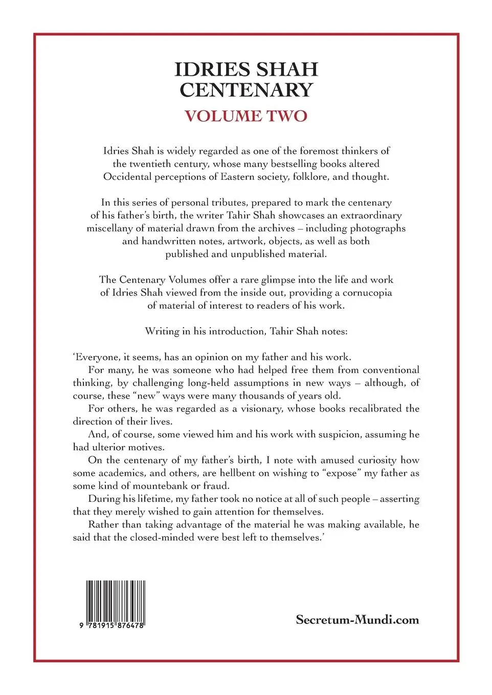 Rückseite: 9781915876478 | Idries Shah Centenary | Volume Two | Tahir Shah | Taschenbuch | 2024