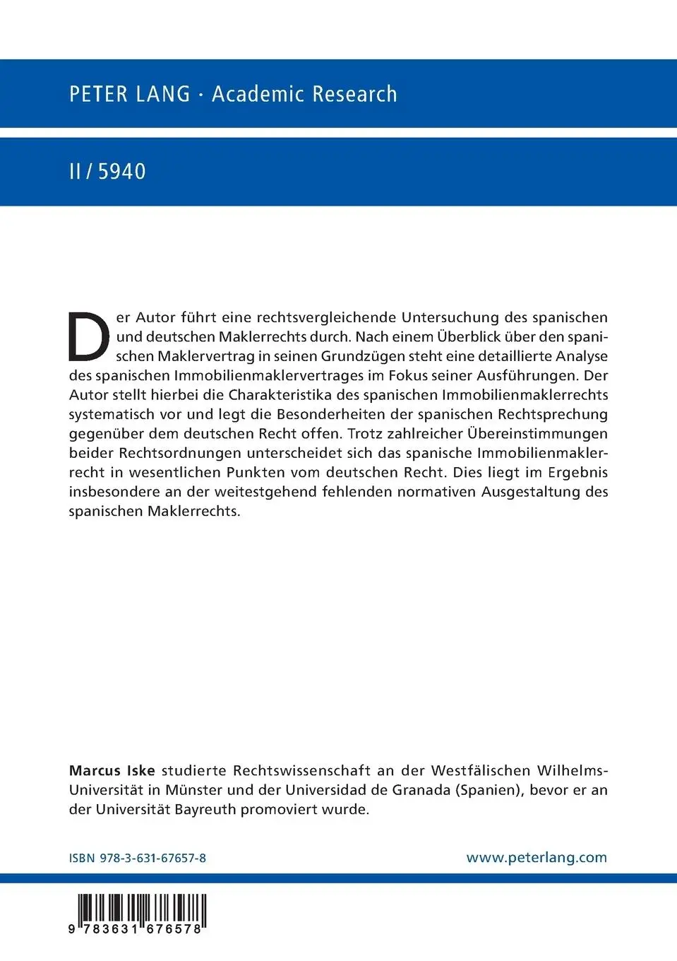 Rückseite: 9783631676578 | Der spanische Maklervertrag | Marcus Iske | Taschenbuch | Deutsch