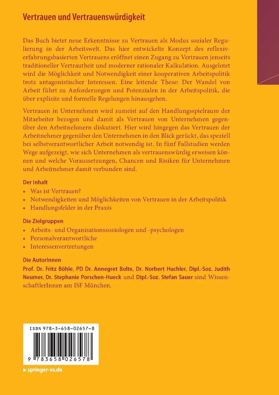 Rückseite: 9783658026578 | Vertrauen und Vertrauenswürdigkeit | Fritz Böhle (u. a.) | Taschenbuch