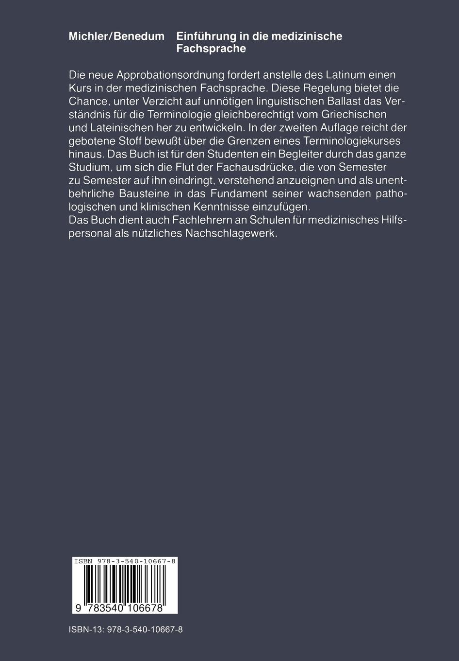 Rückseite: 9783540106678 | Einführung in die Medizinische Fachsprache | M. Michler (u. a.) | Buch