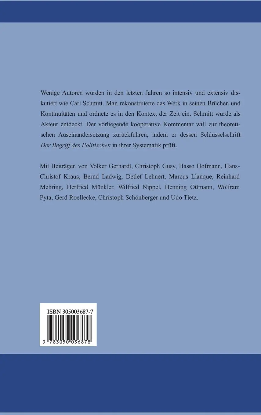 Rückseite: 9783050036878 | Carl Schmitt: Der Begriff des Politischen | Ein kooperativer Kommentar