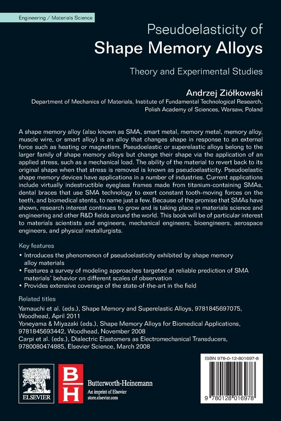 Rückseite: 9780128016978 | Pseudoelasticity of Shape Memory Alloys | Andrzej Ziolkowski | Buch
