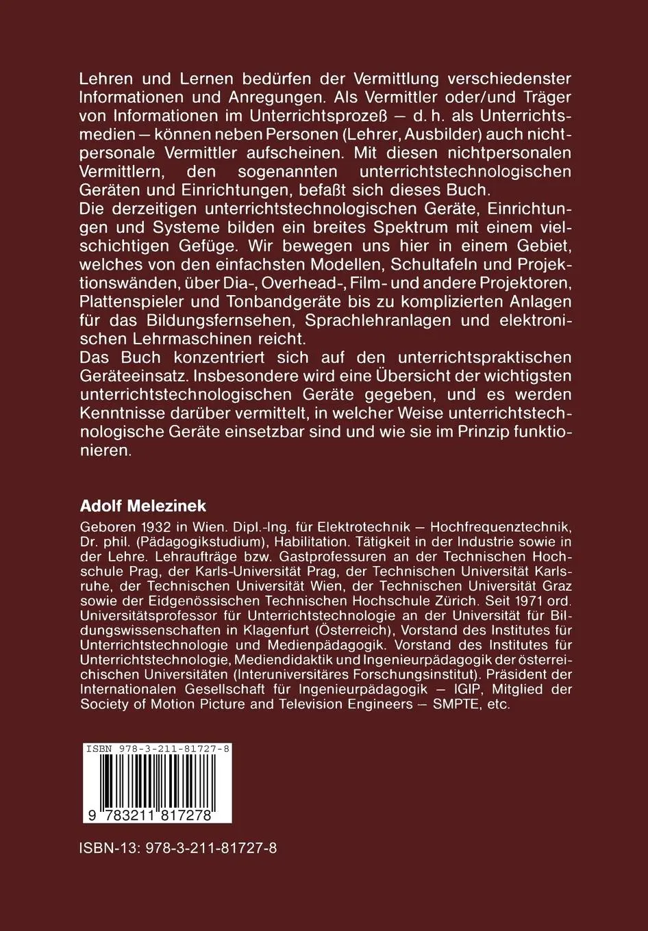 Rückseite: 9783211817278 | Unterrichtstechnologie | A. Melezinek | Taschenbuch | xiv | Deutsch