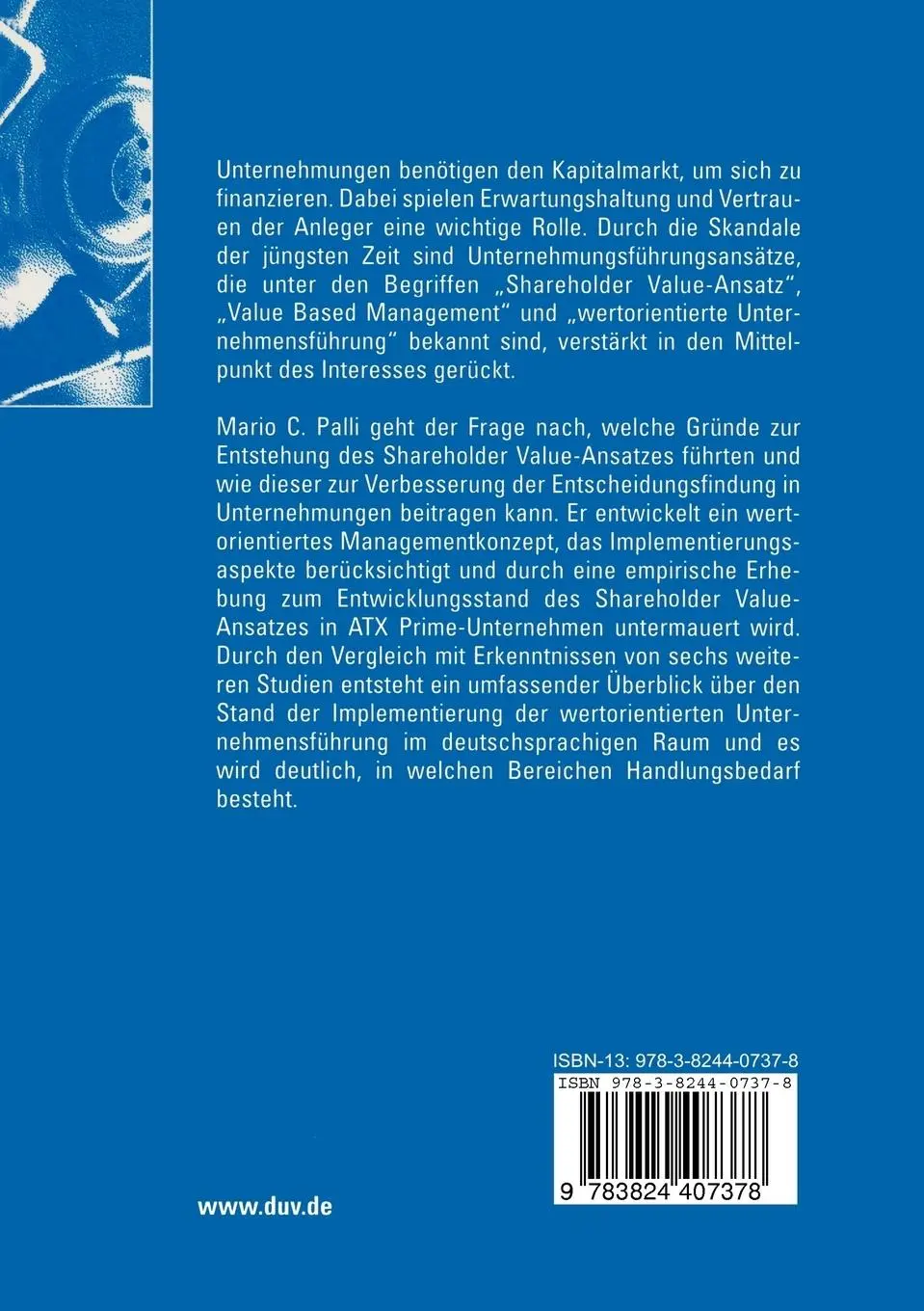 Rückseite: 9783824407378 | Wertorientierte Unternehmensführung | Mario C. Palli | Taschenbuch