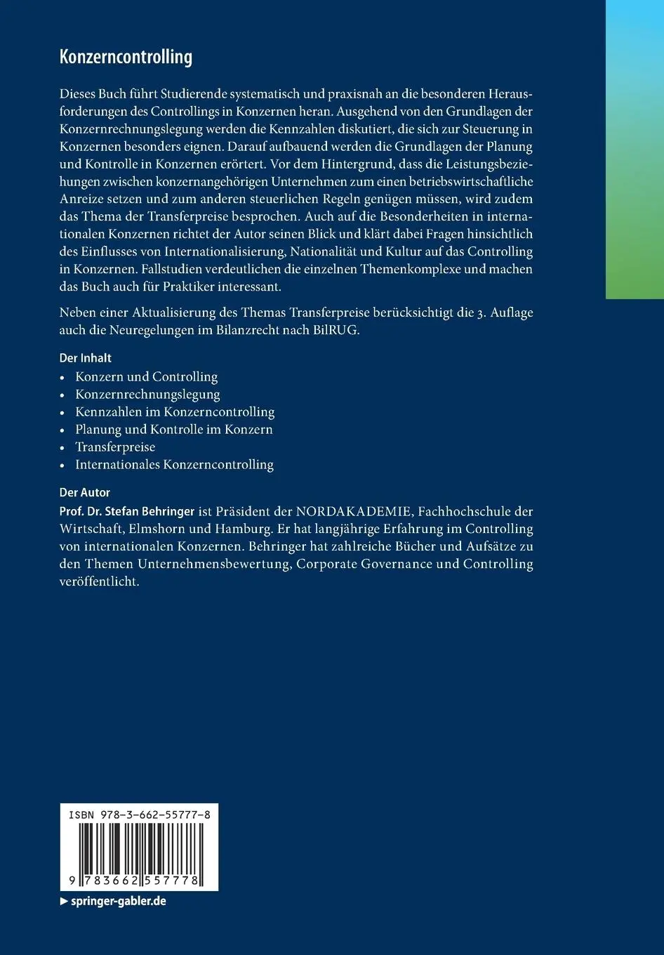 Rückseite: 9783662557778 | Konzerncontrolling | Stefan Behringer | Taschenbuch | viii | Deutsch