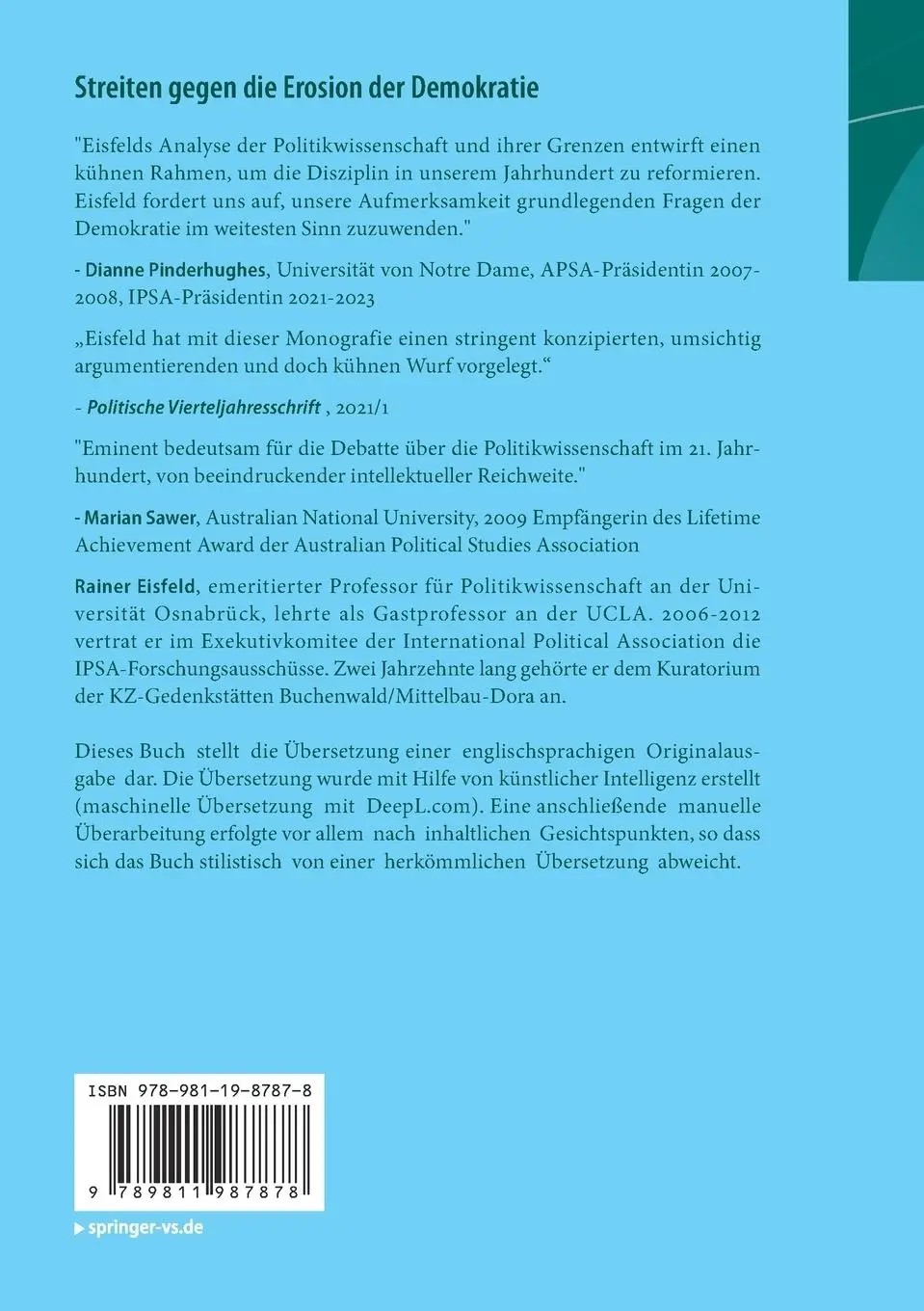 Rückseite: 9789811987878 | Streiten gegen die Erosion der Demokratie | Rainer Eisfeld | Buch
