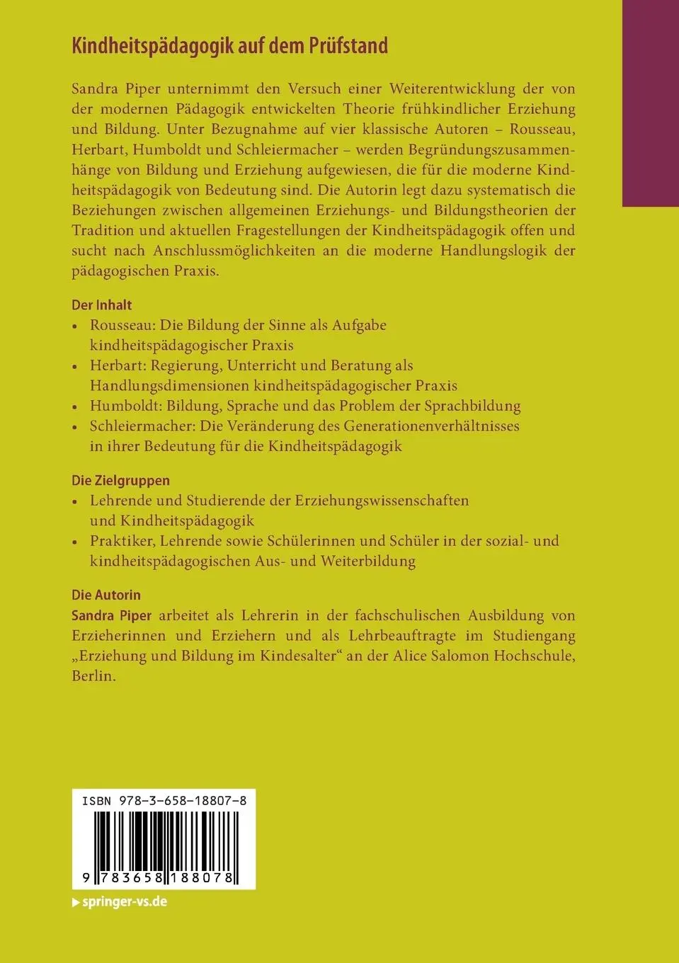 Rückseite: 9783658188078 | Kindheitspädagogik auf dem Prüfstand | Sandra Piper | Taschenbuch | ix