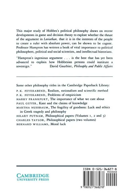 Rückseite: 9780521368278 | Hobbes and the Social Contract Tradition | Jean E. Hampton | Buch