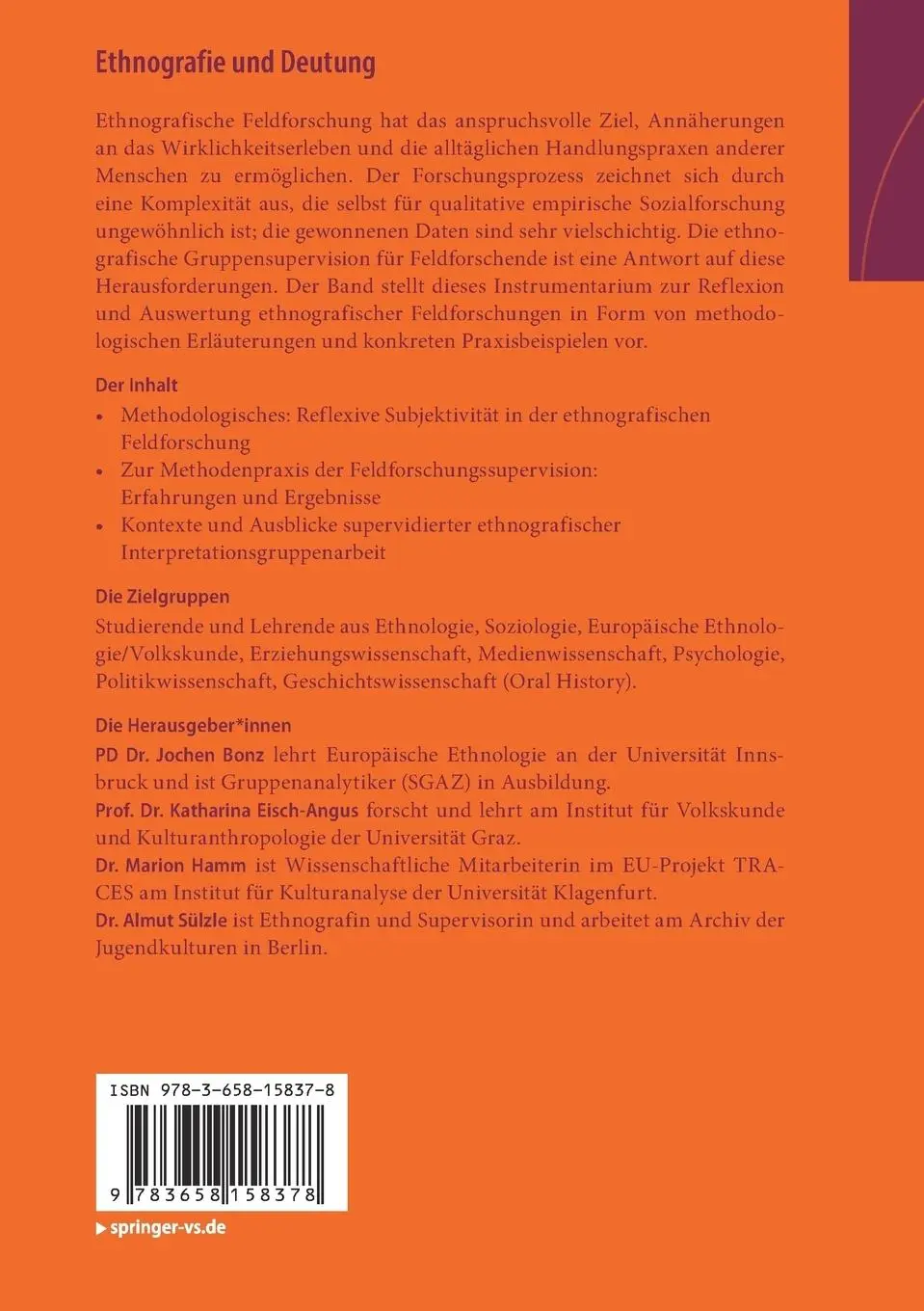 Rückseite: 9783658158378 | Ethnografie und Deutung | Jochen Bonz (u. a.) | Taschenbuch | viii