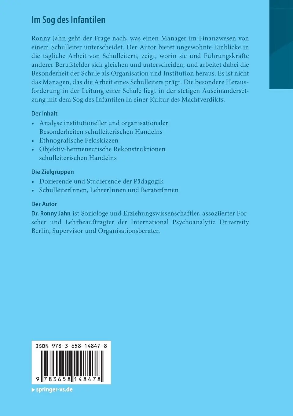 Rückseite: 9783658148478 | Im Sog des Infantilen | Schulleitung als Beruf | Ronny Jahn | Buch