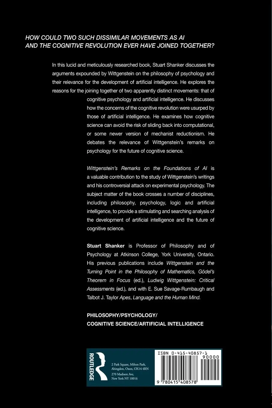 Rückseite: 9780415408578 | Wittgenstein's Remarks on the Foundations of AI | Stuart G. Shanker