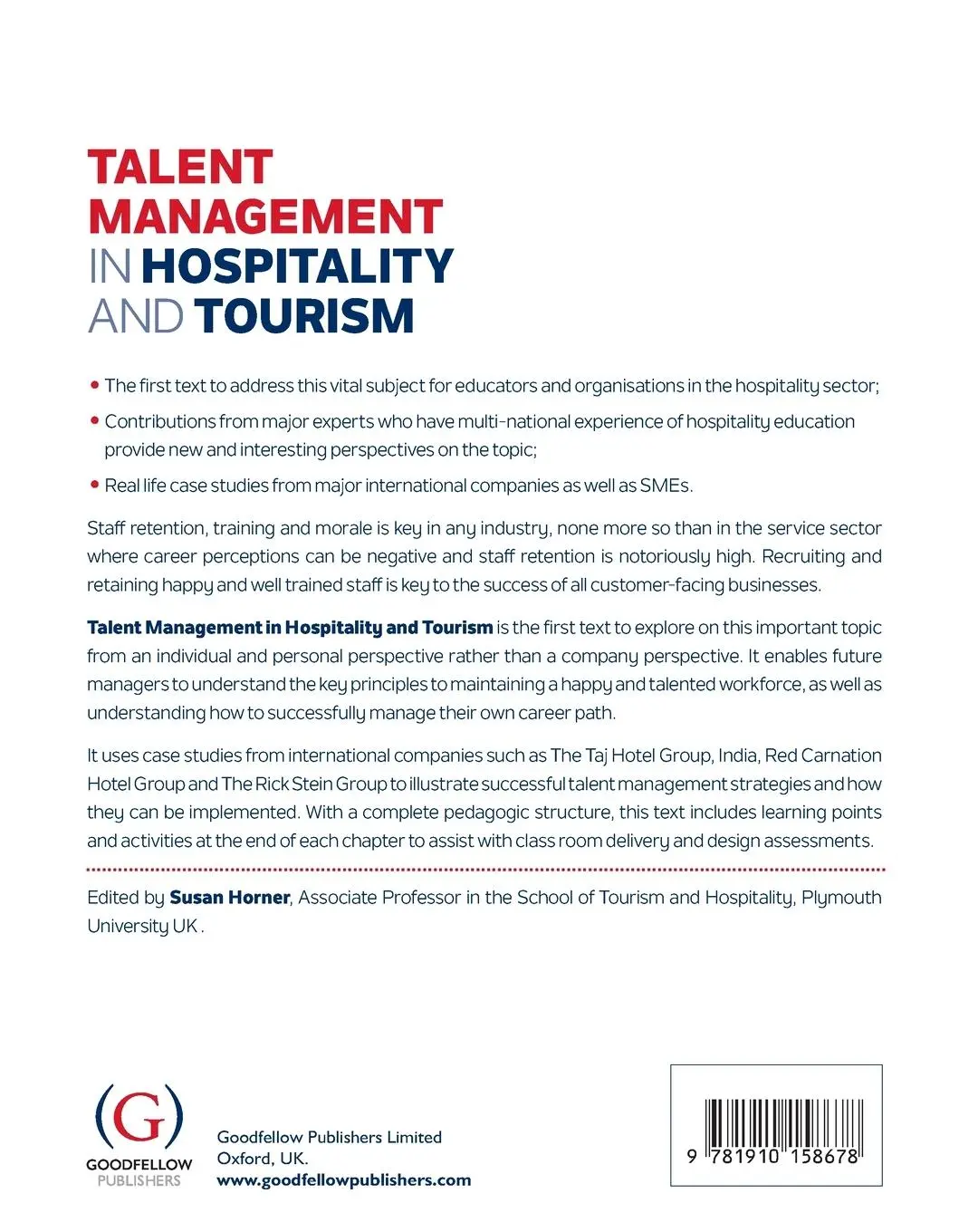Rückseite: 9781910158678 | Talent Management in Hospitality and Tourism | Susan Horner | Buch