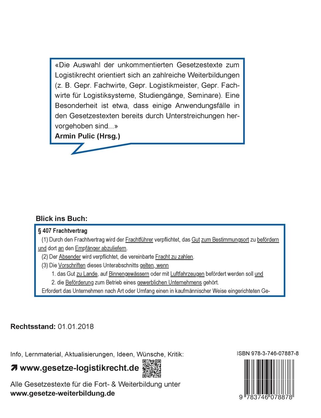 Rückseite: 9783746078878 | Logistikrecht | Gesetzestexte für die Weiterbildung | Armin Pulic