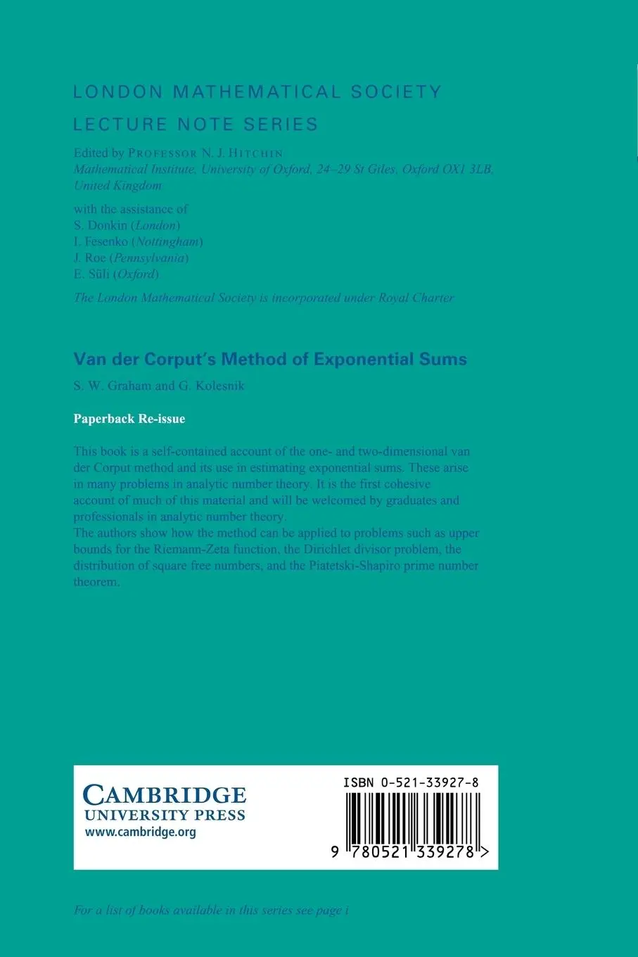 Rückseite: 9780521339278 | Van Der Corput's Method of Exponential Sums | S. W. Graham (u. a.)