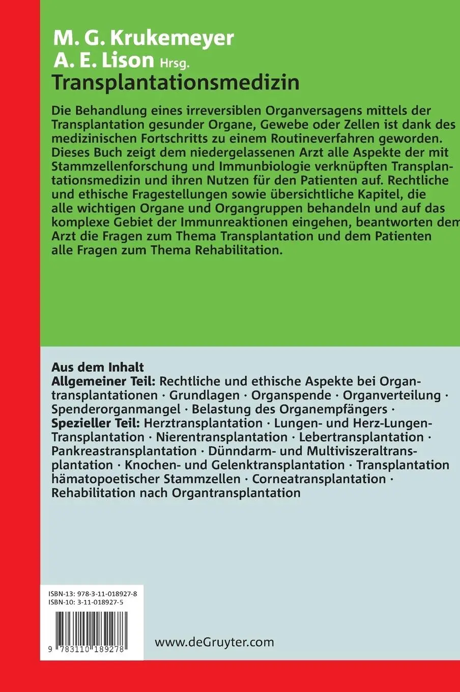 Rückseite: 9783110189278 | Transplantationsmedizin | Ein Leitfaden für den Praktiker | Buch