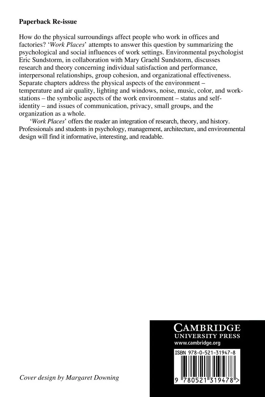 Rückseite: 9780521319478 | Work Places | Eric Sundstrom (u. a.) | Taschenbuch | Englisch | 2009