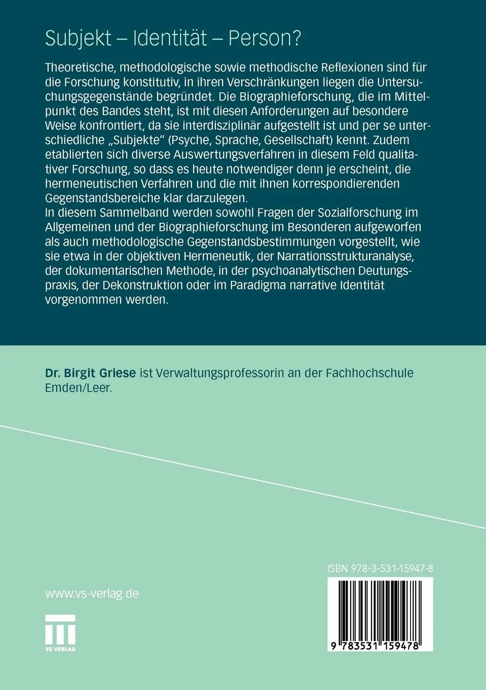 Rückseite: 9783531159478 | Subjekt - Identität - Person? | Reflexionen zur Biographieforschung