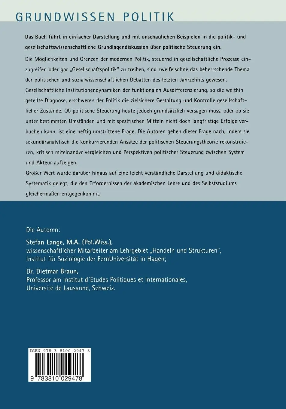 Rückseite: 9783810029478 | Politische Steuerung zwischen System und Akteur | Eine Einführung