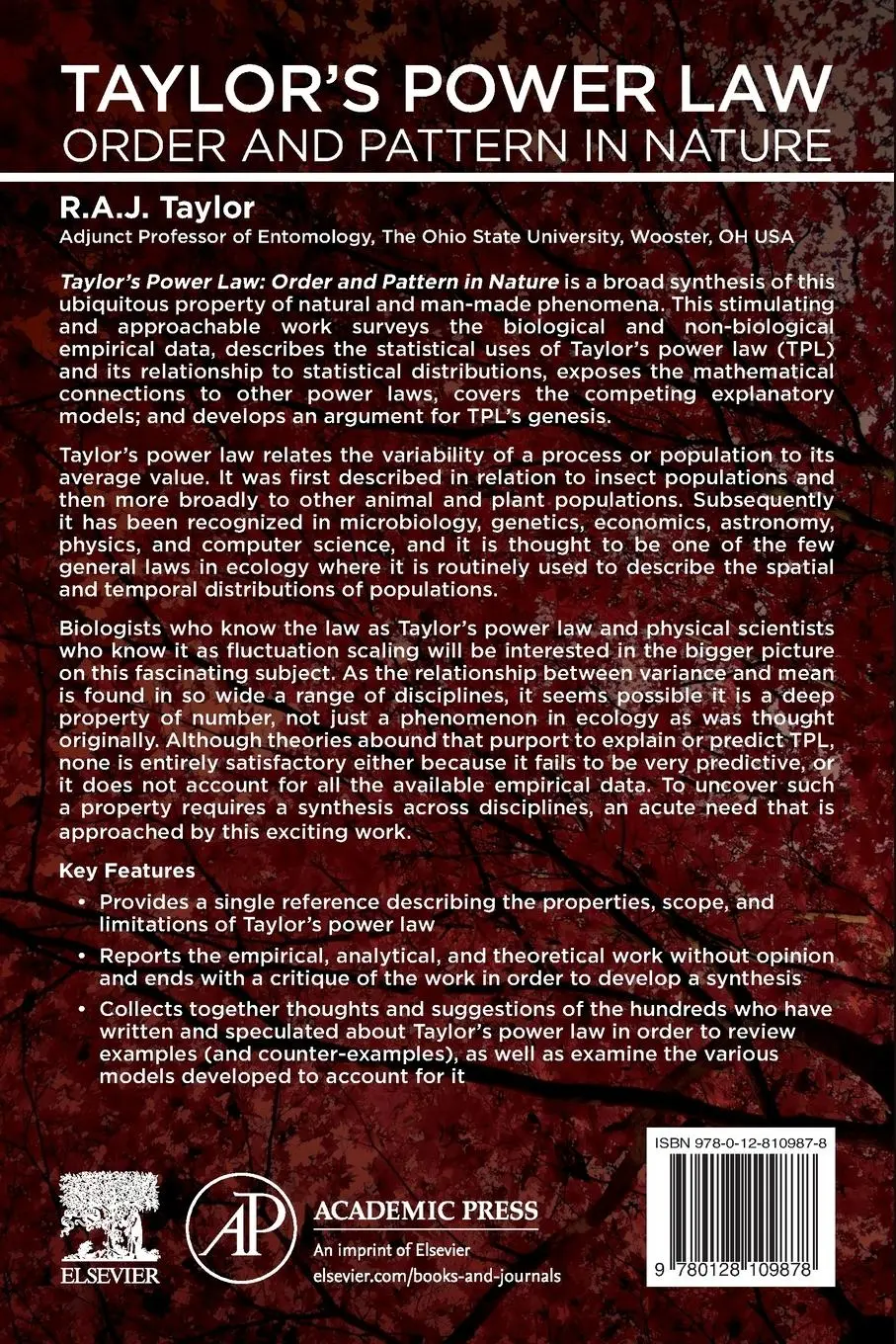 Rückseite: 9780128109878 | Taylor's Power Law | Order and Pattern in Nature | R. A. J. Taylor
