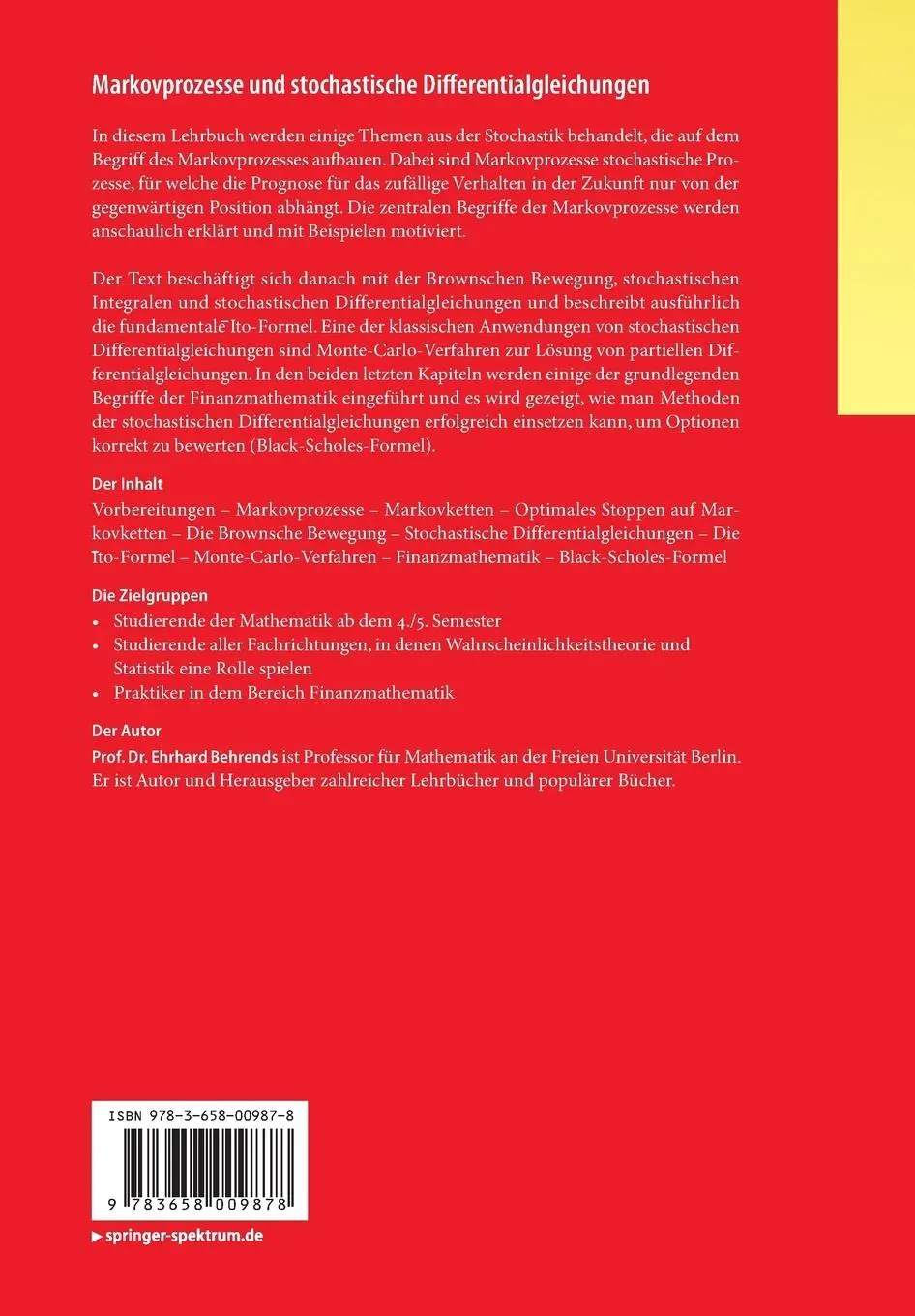Rückseite: 9783658009878 | Markovprozesse und stochastische Differentialgleichungen | Behrends