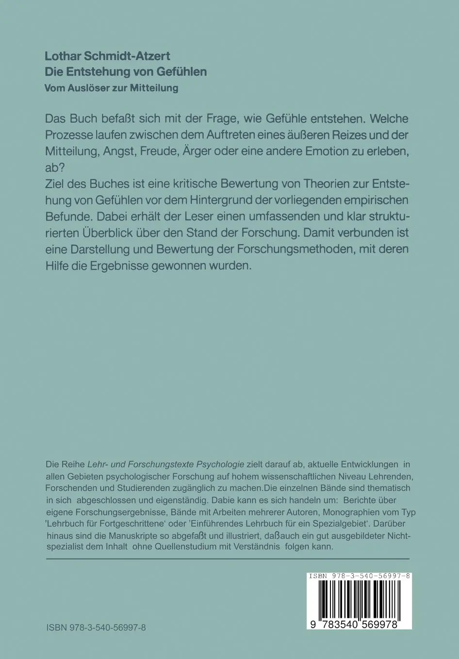 Rückseite: 9783540569978 | Die Entstehung von Gefühlen | Vom Auslöser zur Mitteilung | Buch